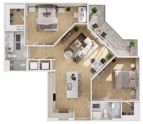 Floor plan for 2 beds, 2 baths, 1138 sqft